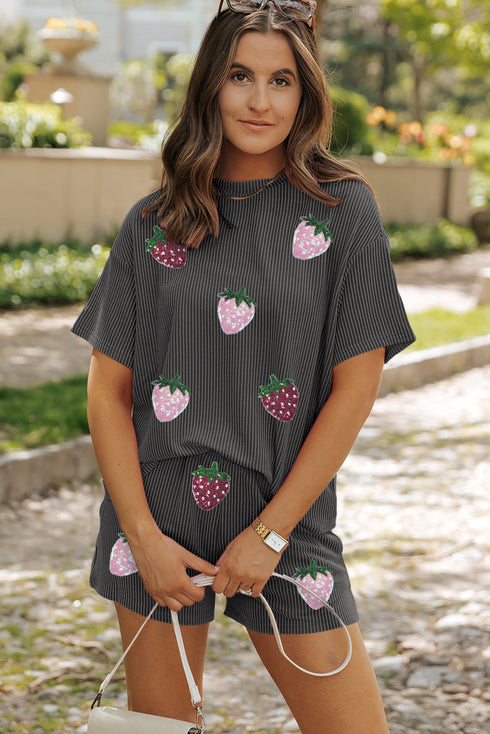 Sweet Sparkle Sequin Strawberry Patch Twist Front Ribbed Knit Shorts Outfit